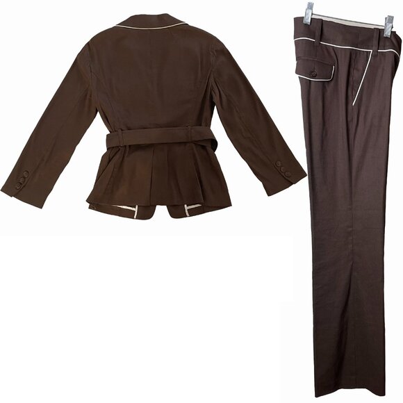 Bebe Vintage Linen Pant Suit | Dark Rum/Brown w/White Trim & Belt | EUC - Picture 2 of 16